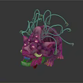 Vibrant Mythical Creature With Pig Like Head Open Mouth Tongue Tentacle Appendages And Yellow Sacs