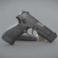 Black tactical handgun with brass bullets and magazine displayed on gray surface