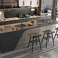 Modern Kitchen Interior With Stylish Bar Counter Marble Top And Wooden Bar Stools