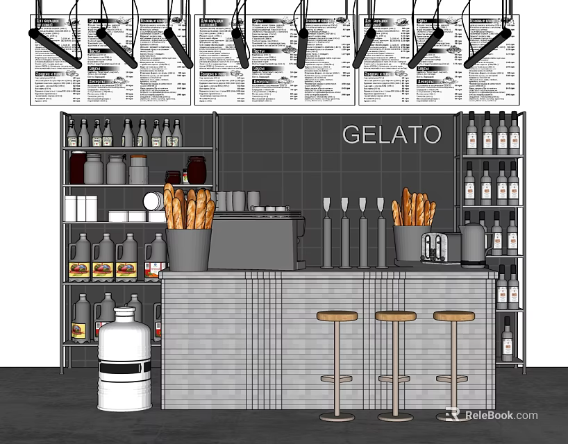 Gelato Bar Interior Featuring Counter Stools Drink Bottles And Wall Sign 3d model 