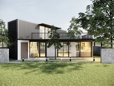 Modern Style Detached Villa with Large Glass Windows Balcony and Green Lawn Trees 3d model