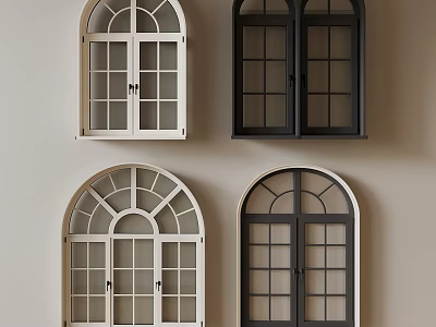 White And Black Decorative Windows With Arch Top And Rectangular Frames On Wall 3d model