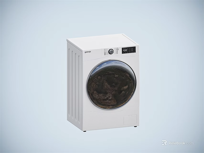 White Front Loading Washing Machine With Digital Display Running Clothes Inside 3d model 
