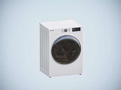 White Front Loading Washing Machine With Digital Display Running Clothes Inside 3d model