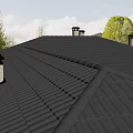 Black Roof Tiles And Chimneys On Residential Roof Structure With Green Trees Background