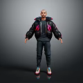 Man in casual outfit black jacket with pink accents black sweatpants and colorful sneakers
