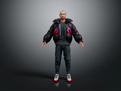 Man in casual outfit black jacket with pink accents black sweatpants and colorful sneakers 3d model