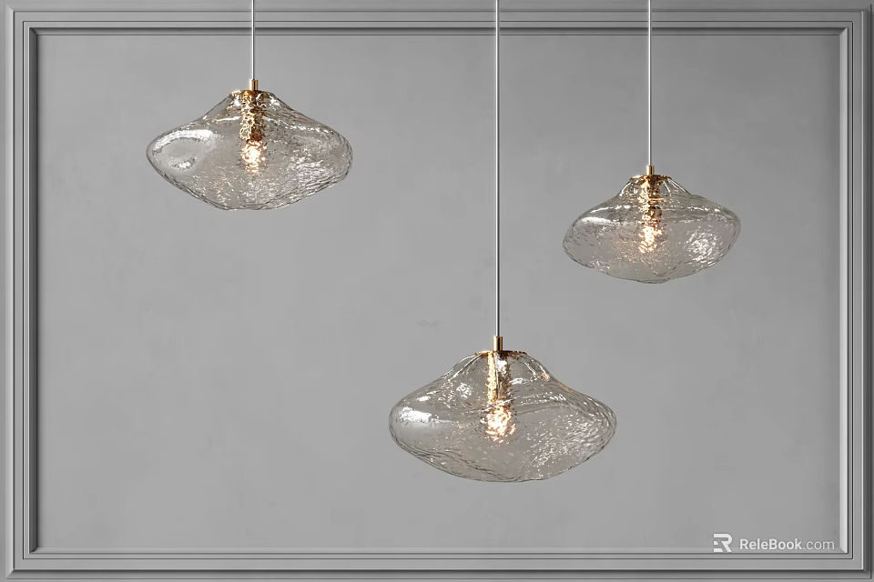 Three Modern Scallop Shaped Glass Pendant Lights with Golden Base for Interior Decoration 3d model 