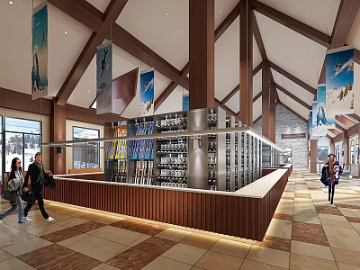 Store Front Desk With Wooden Countertop Shelves Wooden Beamed Ceiling Hanging Banners Patterned Tile Floor 3d model