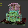 Wooden Architectural Model With Two Story Frame And Arched Design On Green Base