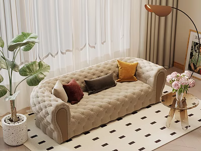 Cozy Living Room With Beige Sofa Colorful Cushions Green Plant And Floor Lamp 3d model