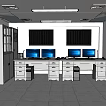 Monitoring Room Interior With Control Desks Multiple Computer Monitors And Storage Cabinets