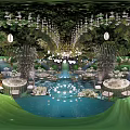 Luxurious Banquet Hall Setup With Hanging Greenery Chandeliers Round Tables And Soft Lighting