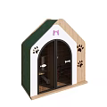 White And Wooden Pet House Featuring Pink Bow Black Paw Prints Arched Door And Decor
