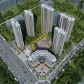 Tall Modern Residential Buildings with Central Commercial Complex Road Vehicles Green Trees and Blue Sky