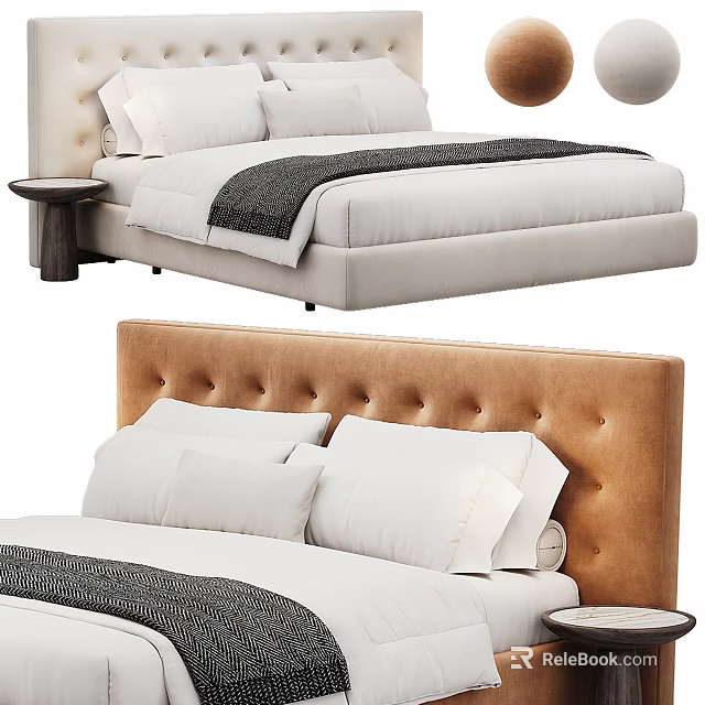 Elegant Modern Double Bed With Tufted Headboard White Pillows And Wooden Nightstand 3d model 