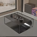 Modern Black Coffee Table With Metal Frame Burning Brazier Small Jars And Snowy Window View 3d model