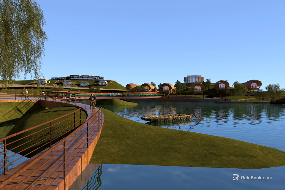 Serene Homestay Buildings By Lake With Wooden Walkway And Green Lawns 3d model 