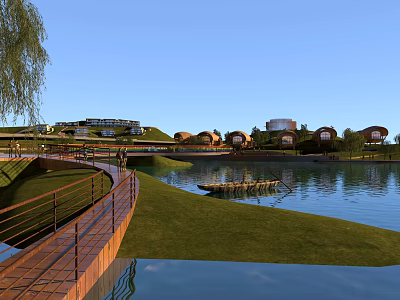 Serene Homestay Buildings By Lake With Wooden Walkway And Green Lawns 3d model