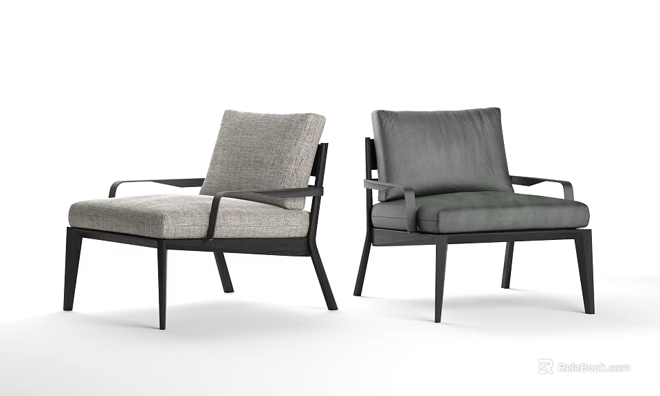 Modern Accent Chairs With Light Dark Fabric Upholstered Seats Armrests And Black Wooden Legs 3d model 