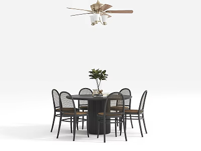 Circular Dining Table Set Featuring Six Chairs Potted Plant And Ceiling Fan 3d model