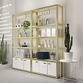 Elegant Gold Frame Display Shelving With Skincare Products Books Green Plants And White Cabinets