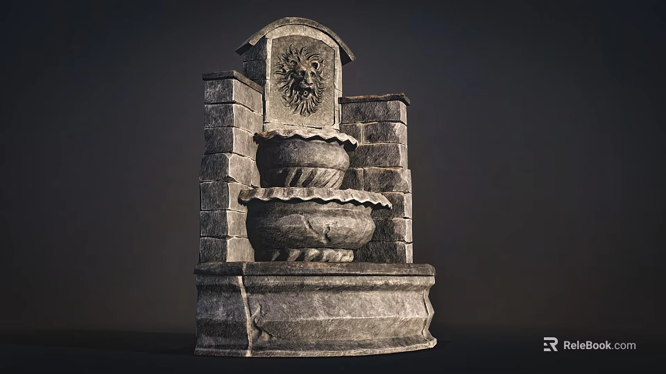 Classic Stone Fountain With Lion Head Decoration And Multi Tiered Structure 3d model 