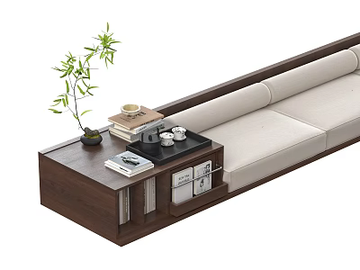 Modern Living Room Setup With Wooden Coffee Table Books Tea Set And Bamboo Plant 3d model