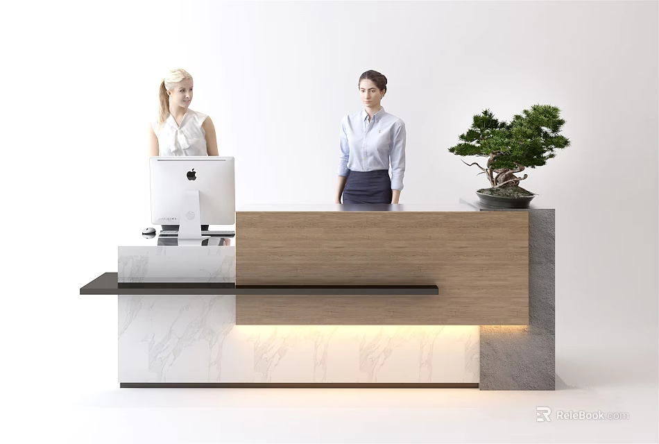 Modern Reception Desk With Wooden Countertop Illuminated Base Computer Green Plant And Staff Standing 3d model 