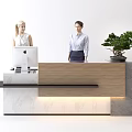 Modern Reception Desk With Wooden Countertop Illuminated Base Computer Green Plant And Staff Standing