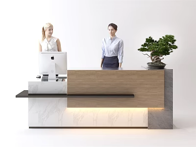 Modern Reception Desk With Wooden Countertop Illuminated Base Computer Green Plant And Staff Standing 3d model