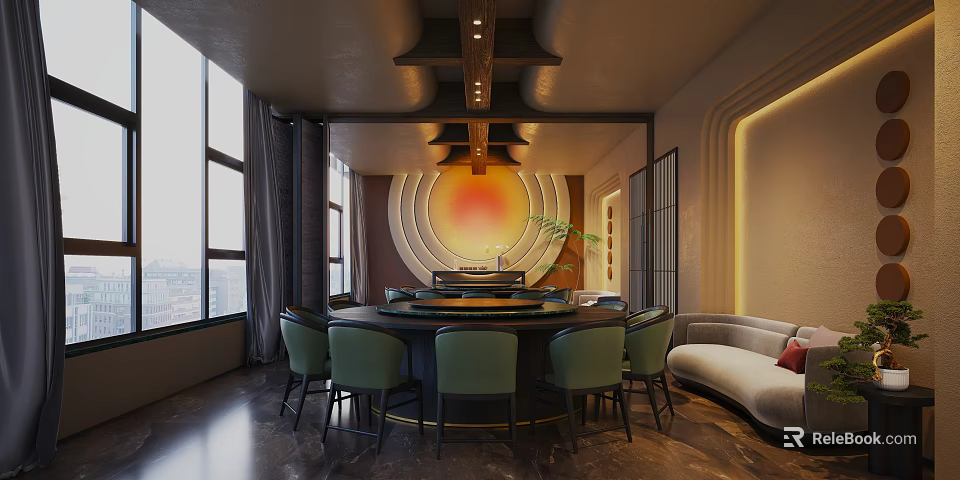 Modern Private Room Interior With Round Table Green Chairs Sofa And Large Windows 3d model