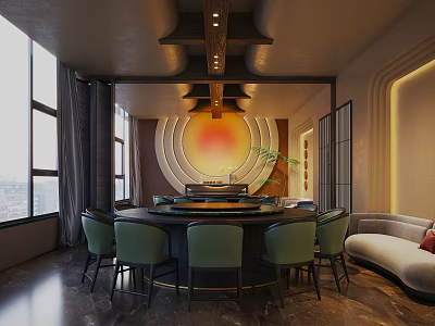 Modern Private Room Interior With Round Table Green Chairs Sofa And Large Windows 3d model