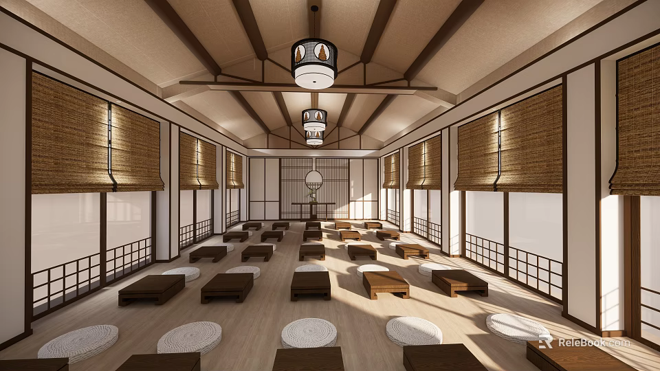 Bright Japanese Religious Space Featuring Wooden Ceiling Hanging Lanterns Bamboo Blinds And Cushions 3d model 