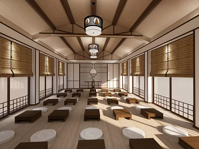 Bright Japanese Religious Space Featuring Wooden Ceiling Hanging Lanterns Bamboo Blinds And Cushions 3d model
