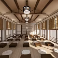Bright Japanese Religious Space Featuring Wooden Ceiling Hanging Lanterns Bamboo Blinds And Cushions