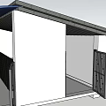 Modern Architectural Structure Design With White Walls Curved Blue Roof And Black Door