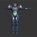 Futuristic Game Movie Character in Blue Red Armor with Outstretched Arms and Glowing Details
