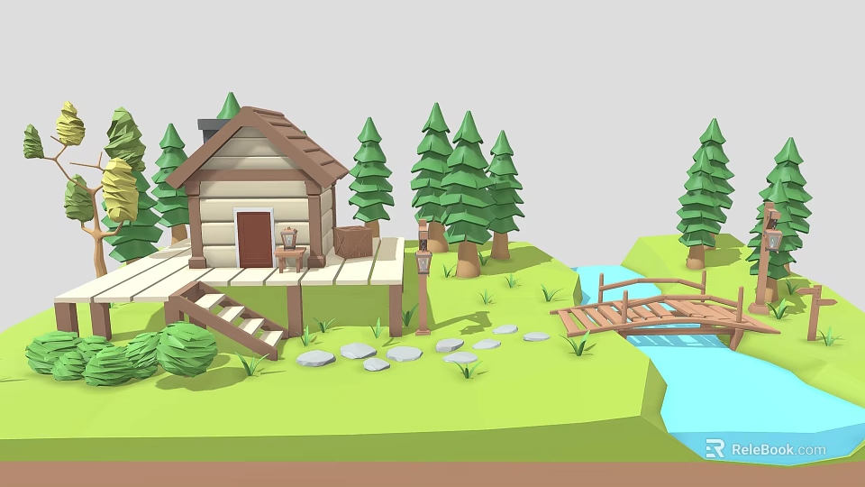Picturesque Natural Landscape Featuring Log Cabin Wooden Bridge Stream Pine Trees Stone Steps And Grass 3d model 