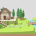 Picturesque Natural Landscape Featuring Log Cabin Wooden Bridge Stream Pine Trees Stone Steps And Grass