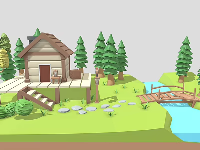 Picturesque Natural Landscape Featuring Log Cabin Wooden Bridge Stream Pine Trees Stone Steps And Grass 3d model