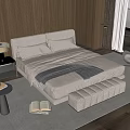Modern Double Bed Interior With Nightstand Table Lamp Ottoman Armchair And Wooden Floor