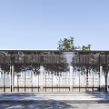 Modern Sales Office Building With Large Glass Curtain Walls And Tree Reflections