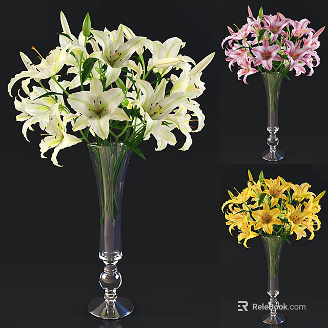 Transparent Glass Vase With White Pink Yellow Lilies Arrangement For Home Decor 3d model 