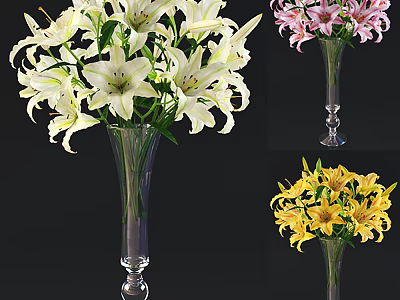Transparent Glass Vase With White Pink Yellow Lilies Arrangement For Home Decor 3d model