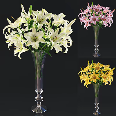Transparent Glass Vase With White Pink Yellow Lilies Arrangement For Home Decor 3d model