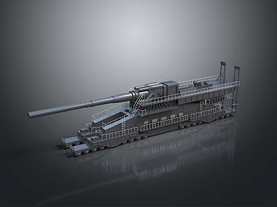 3D Model Of Large Artillery Gun With Long Barrel Tracked Chassis Metallic Texture Gray Background 3d model