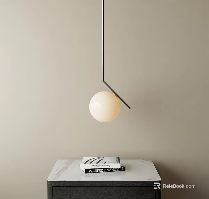 Elegant Spherical Pendant Light With Metal Frame Over Marble Countertop And Books 3d model 