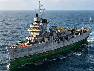 Large Warship Sailing On Open Ocean With Gray Green Hull And Multi Deck Structure 3d model