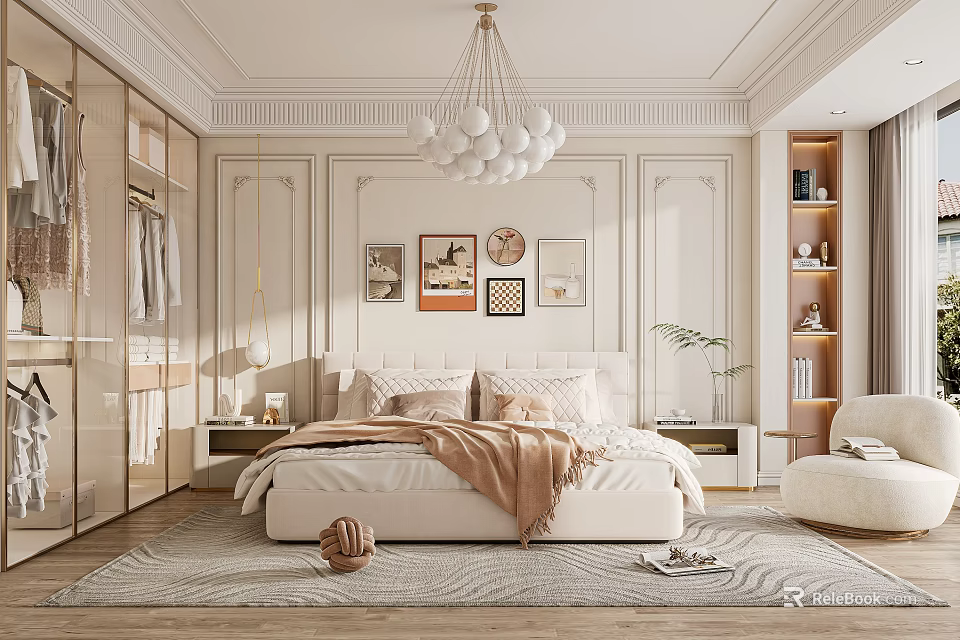 Elegant Modern Bedroom Interior With Plush Bed Pillows Blanket Decorative Paintings Chandelier And Rug 3d model 